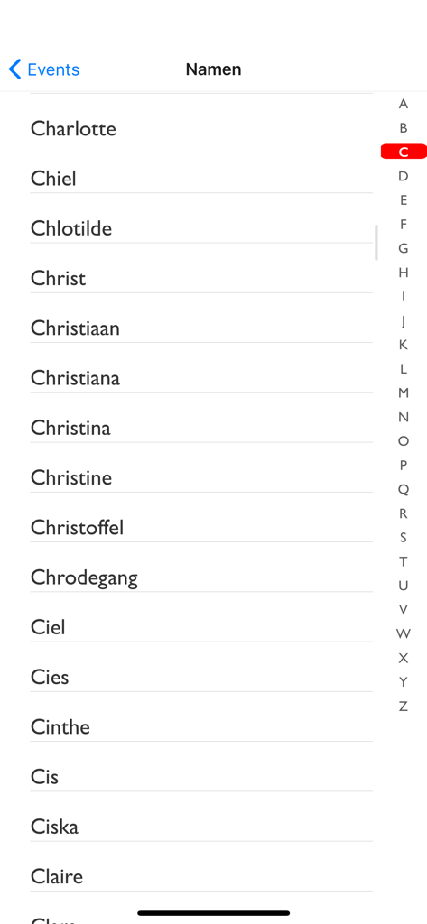 A screenshot of the Digitale Druivelaar app displaying an alphabetical list of Flemish names starting with the letter C.