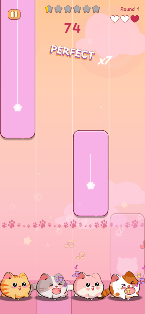 Cats Tiles - 可愛い子猫とピンクの音符タイルが表示されたキャッツタイルのリズムゲームのゲームプレイ画面。