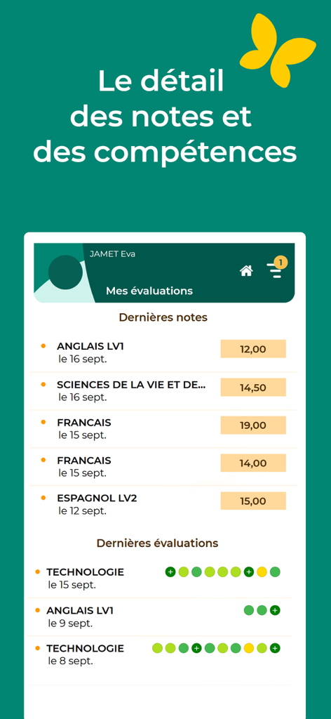 A student view of the PRONOTE mobile app displaying recent academic grades and skills assessments
