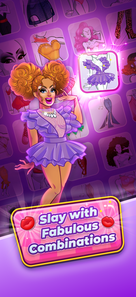 RuPaul's Drag Race Match Queen - A drag queen character in a purple dress showcasing various fashion items and outfits in the background.