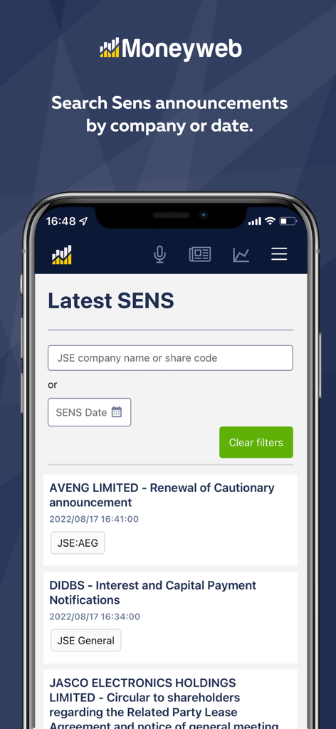 Moneyweb News app interface showing the JSE SENS announcements search screen