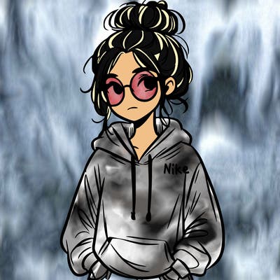 teen girl with a messy bun and glasses wearing a loose hoodie and jeans