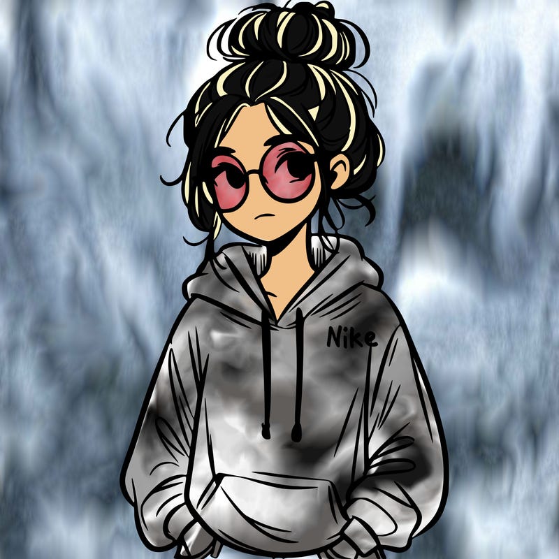teen girl with a messy bun and glasses wearing a loose hoodie and jeans
