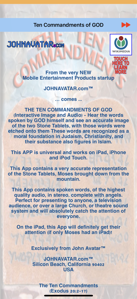 THE TEN COMMANDMENTS OF GOD. - Introductory screen of the Ten Commandments of God app featuring a description of its interactive audio and stone tablet visuals