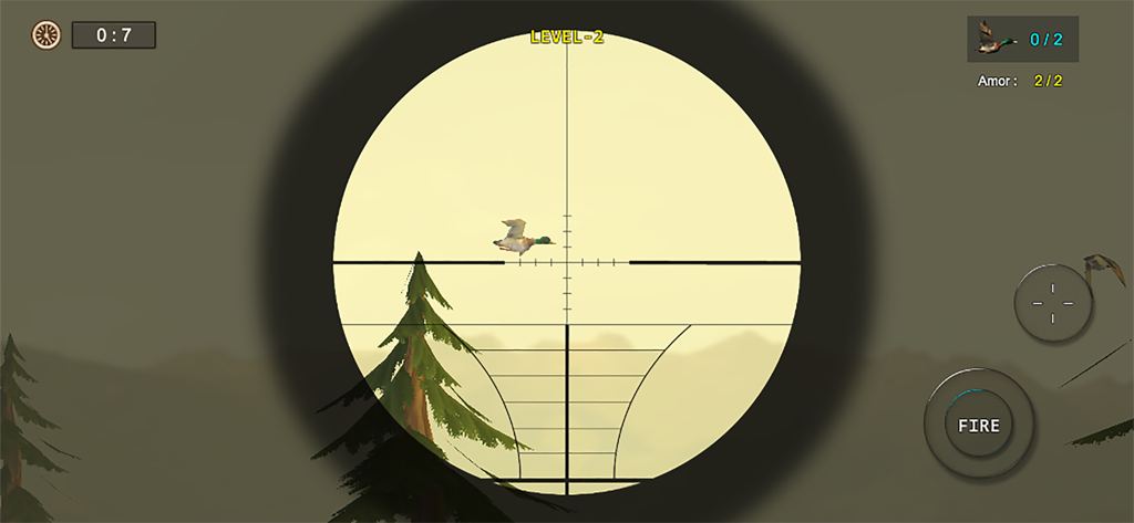 Sniper scope view aiming at a flying duck in Wild Duck Hunter game