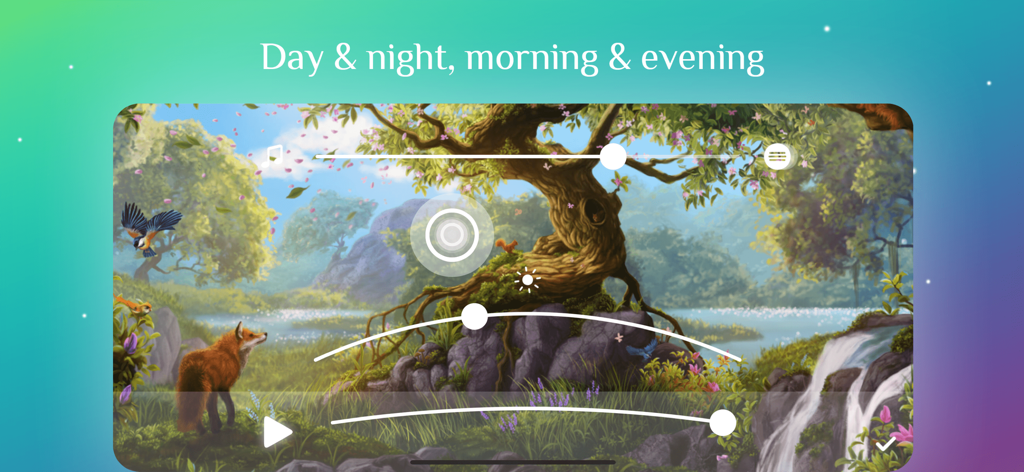 User interface of the Away app showing a 3D parallax forest illustration with interactive nature sound controls.