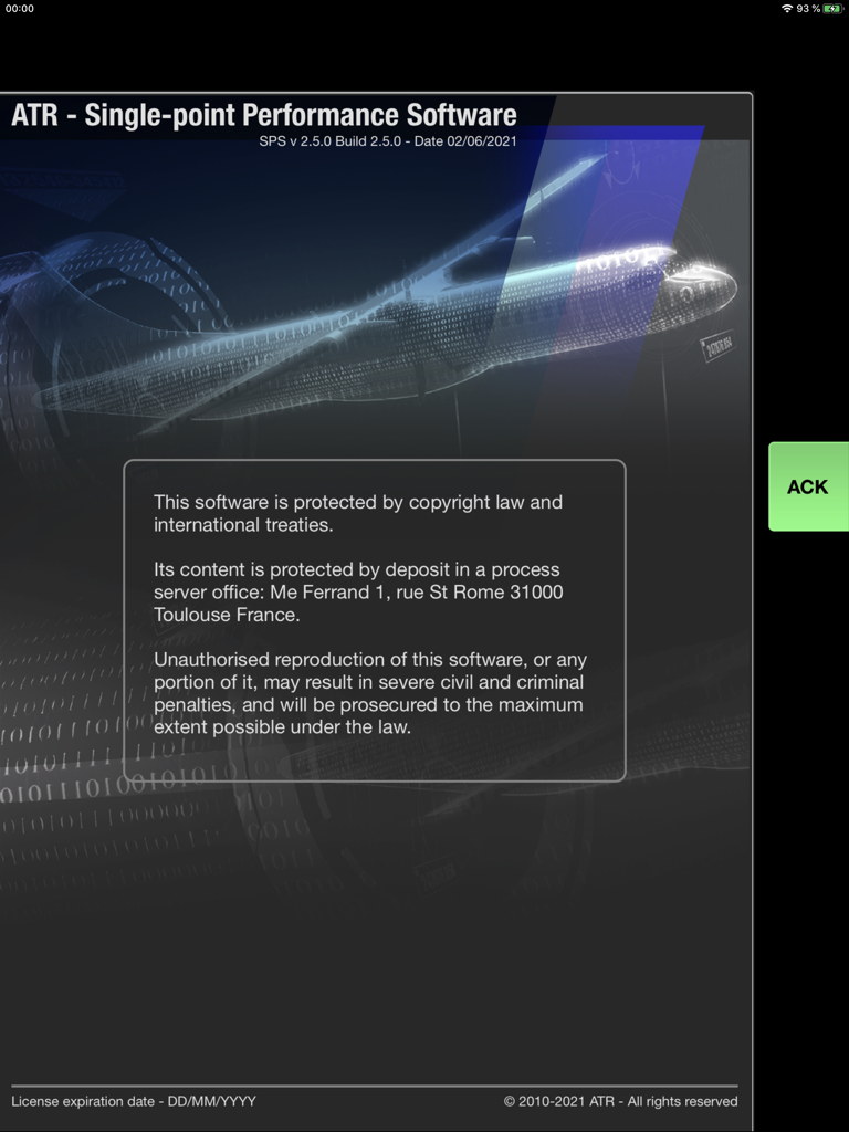 SPS - ATR aircraft performance - Splash screen of the ATR SPS aircraft performance software showing a legal notice and an acknowledge button