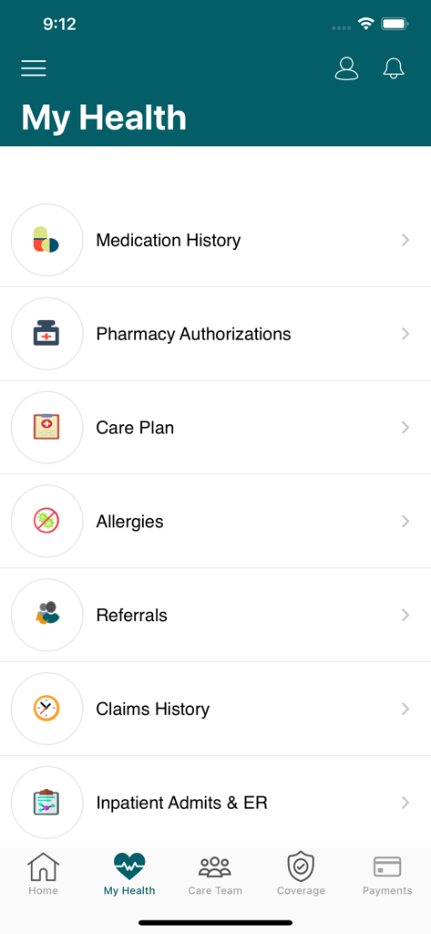 My Molina - 服薬履歴、ケアプラン、請求履歴へのリンクを含む「My Health」セクションを表示するMy Molinaアプリのインターフェース