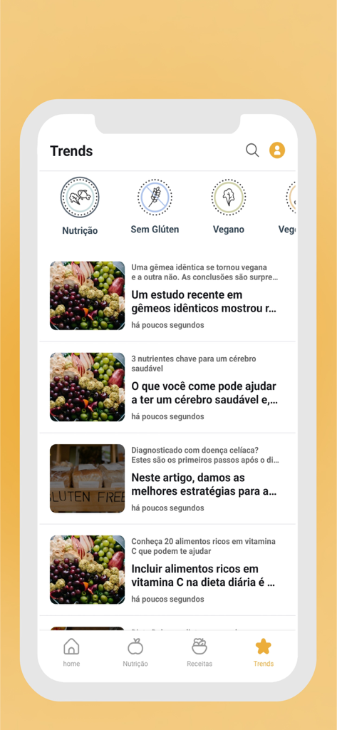 Food Balance - Screenshot of the Food Balance app Trends screen displaying nutrition articles and dietary categories like vegan and gluten-free.