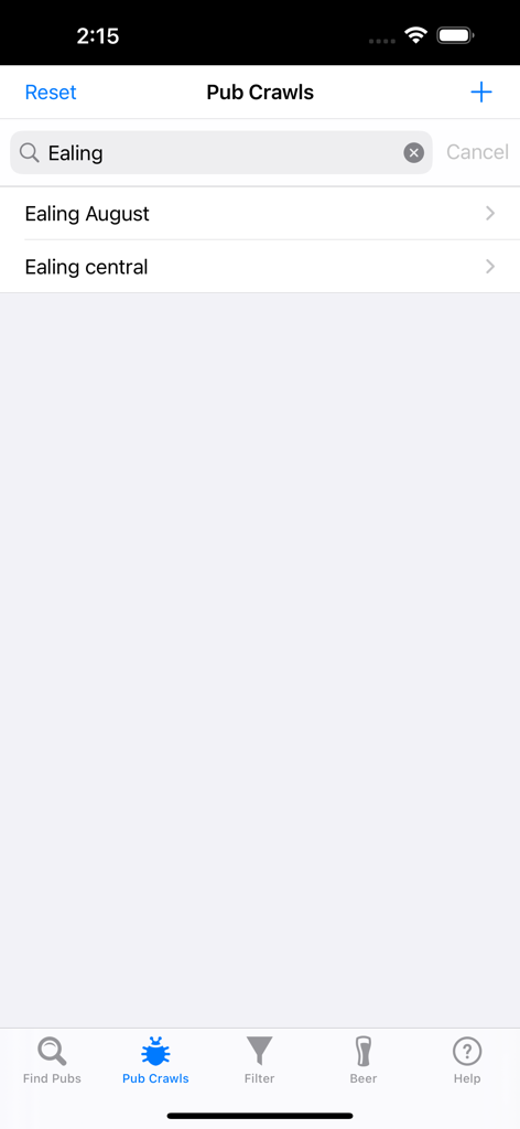 Pub Crawler - Une capture d'écran de l'application Pub Crawler montrant une recherche de tournées de pubs à Ealing.