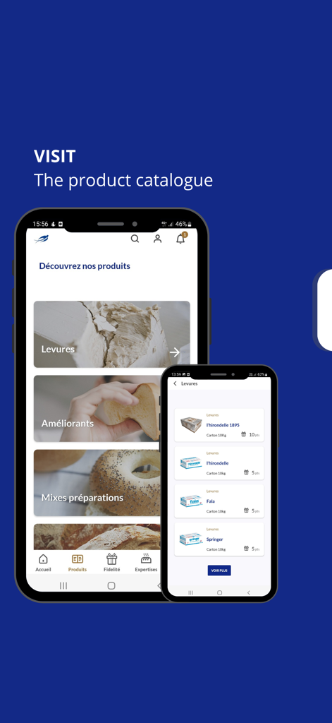 Mobile app screens showing the Lesaffre and Me professional baking product catalog including yeast and improvers