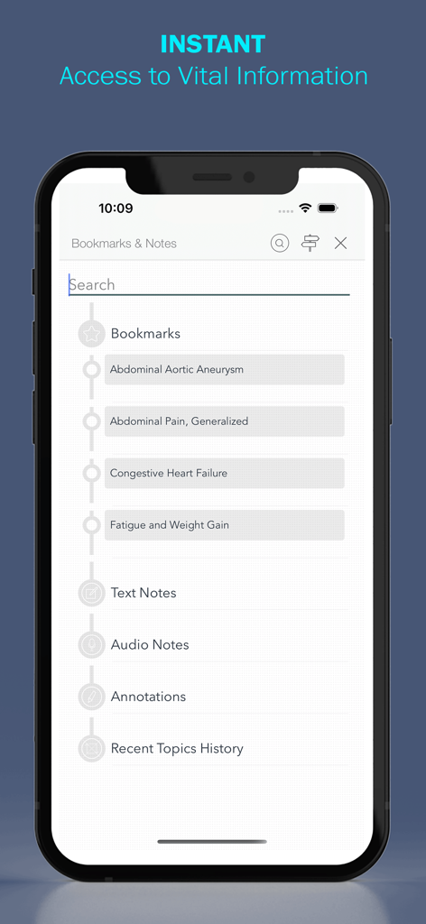 Interfaz de la aplicación MobileDDx mostrando marcadores y notas para temas clínicos como insuficiencia cardíaca y dolor abdominal.