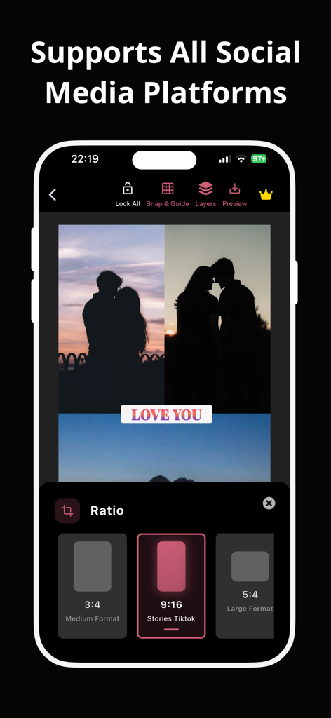 Ein mobiler App-Bildschirm, der Optionen zum Ändern von Fotocollagen-Seitenverhältnissen für verschiedene soziale Medienplattformen wie TikTok und Instagram zeigt.