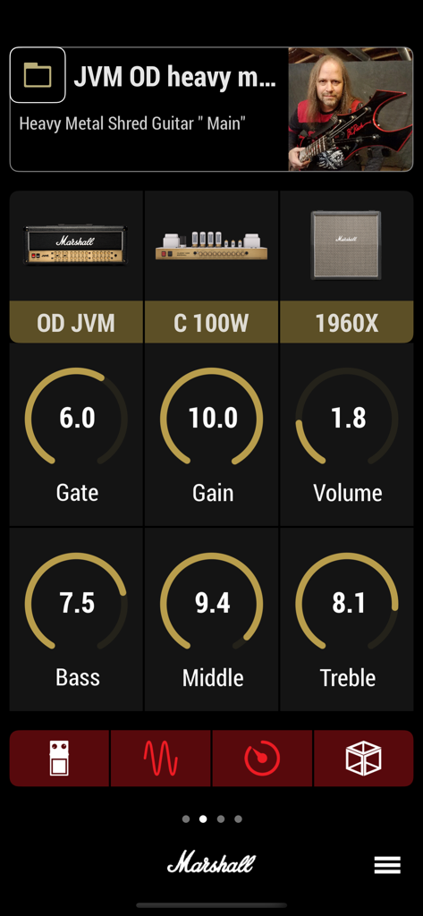 Marshall Gateway - Marshall Gateway app interface showing detailed amplifier settings including Gain, EQ, and cabinet selection for a heavy metal guitar preset