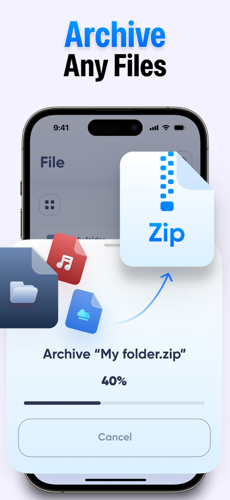 Zip Extractor & RAR Opener App - Tela do iPhone mostrando o processo de arquivamento de arquivos em uma pasta zip com uma barra de progresso