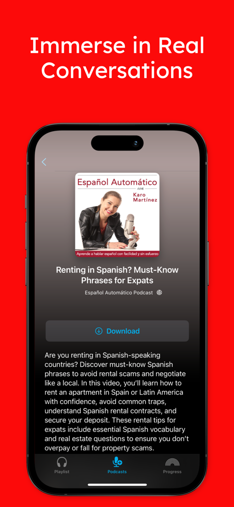 Glisten · Language Podcasts - Glisten app interface showing a Spanish language podcast for immersive learning