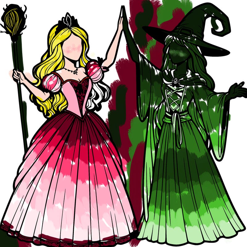 detailed realistic split of a princess and a witch