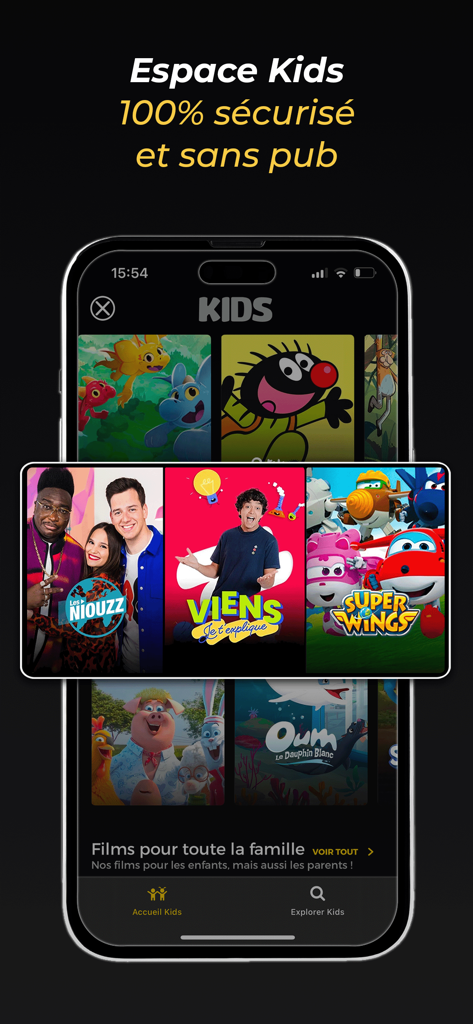 Interface of the RTBF Auvio app showing the secure and ad-free kids space with French language cartoons and educational programs.
