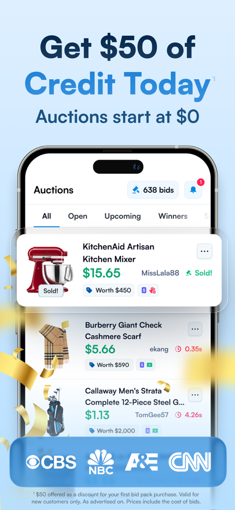 Screenshot of DealDash app showing live auctions for high value items and a fifty dollar credit promotion