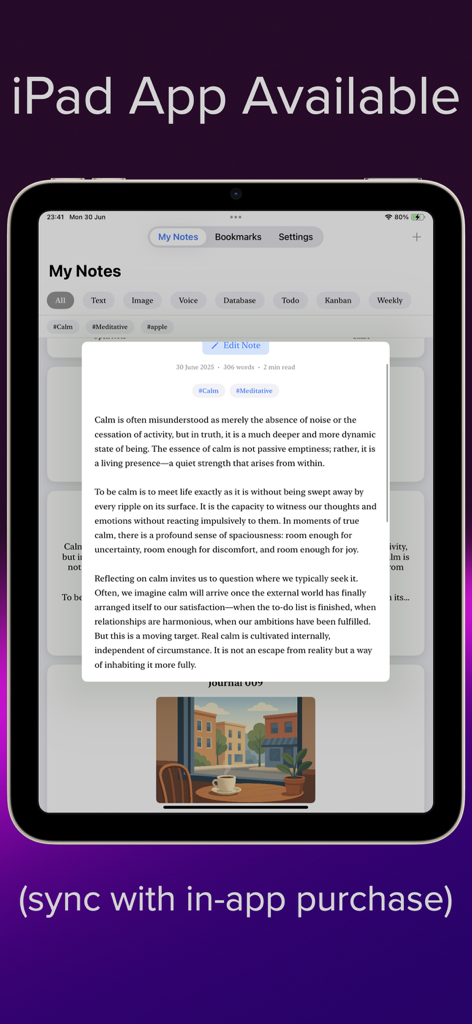 NoteSub - Interfaz de la aplicación NoteSub mostrada en un iPad, presentando categorías de notas y una entrada de texto sobre la calma.