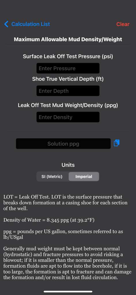 Petroleum Field Calculator - Petroleum Field Calculator app screen showing input fields for maximum allowable mud density including leak off test pressure and shoe depth