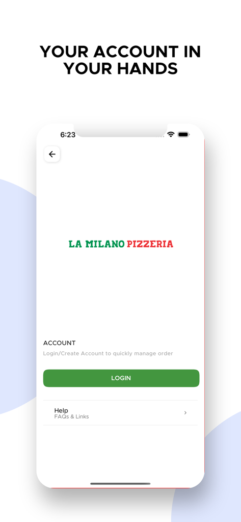 Anmeldebildschirm für die mobile App von La Milano Pizzeria mit einem grünen Anmelde-Button und dem Logo des Restaurants.