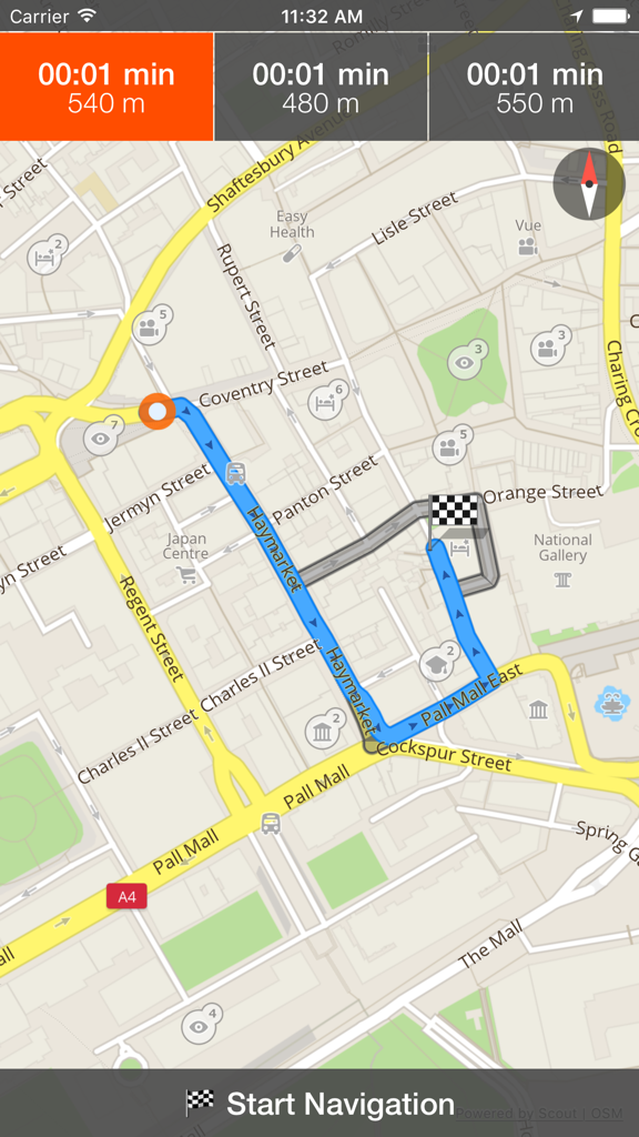 Panama City Offline Map and Travel Trip Guide - Interface of the offline map app showing a blue navigation route through city streets with distance and time indicators