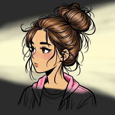 realistic teenage girl with a messy bun