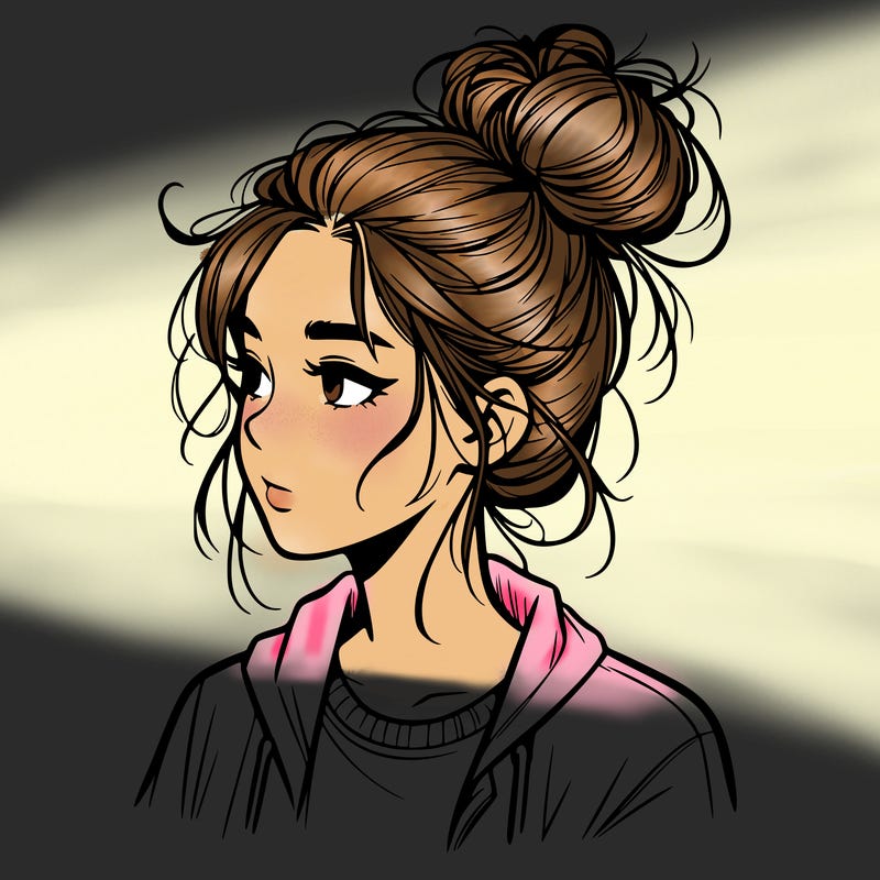 realistic teenage girl with a messy bun