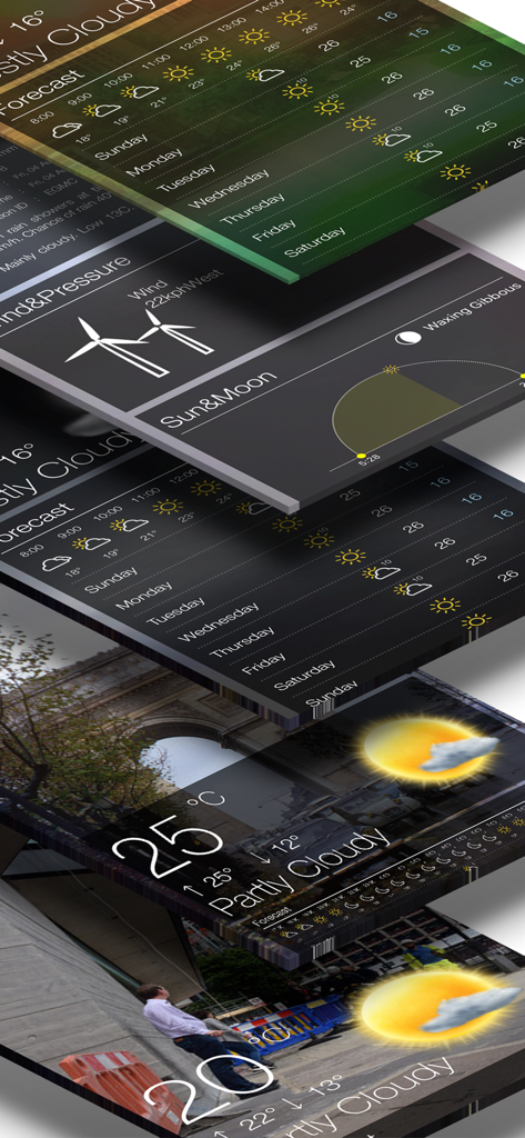 A stacked 3D presentation of various weather app screens showing daily forecasts and environmental data