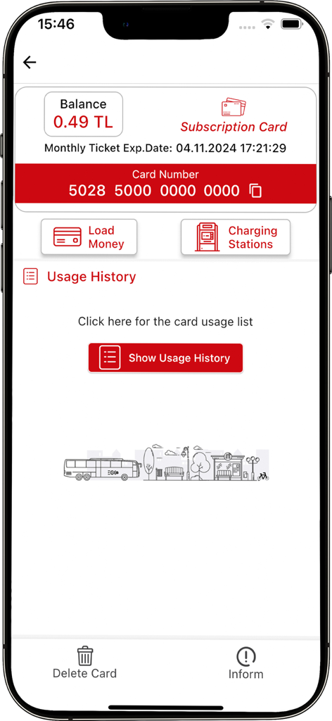 EGO CEP'TE app screen for managing Ankarakart balance and usage history