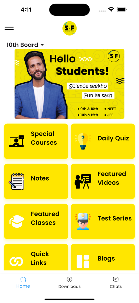 Science And Fun - Home dashboard of the Science And Fun app showing educational features like daily quizzes and featured videos