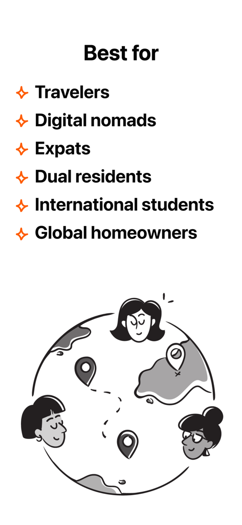 Country Tracker Pro - Uma lista de usuários-alvo para o Country Tracker Pro, incluindo nômades digitais, expatriados e estudantes internacionais com uma ilustração do globo