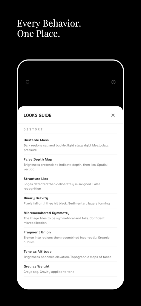 Mono Lab - Mono Lab app screen displaying a list of monochromatic distortion filters in the Looks Guide