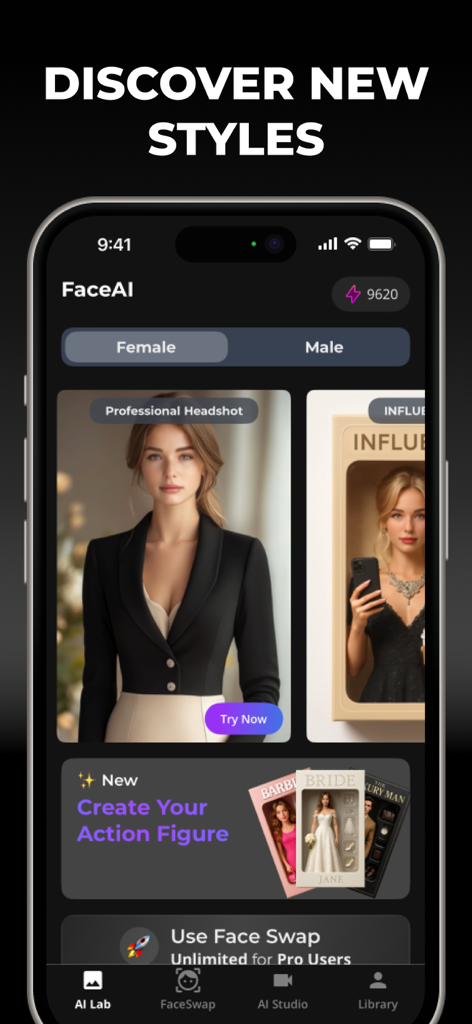 FaceAI mobile app interface showing options for professional headshots and AI action figure generation
