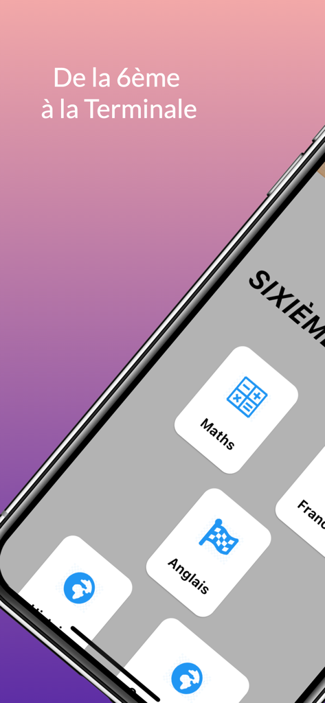 Sama School (Collège & Lycée) - Écran de l'application Sama School affichant les niveaux scolaires et les matières comme les mathématiques et l'anglais en français.
