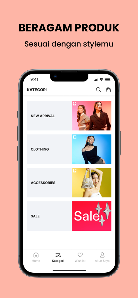 Colorbox 앱의 모바일 인터페이스로 신상품, 의류, 액세서리, 세일과 같은 패션 카테고리를 표시합니다.