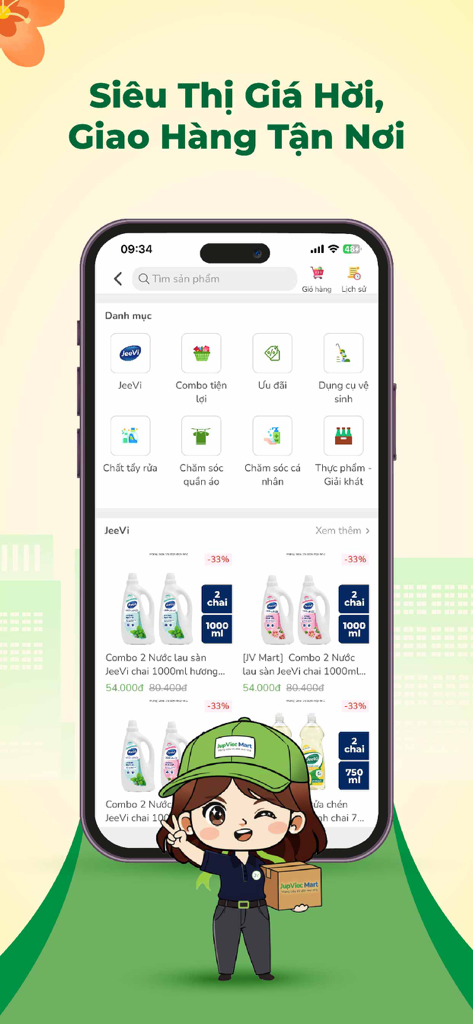JupViec app interface for ordering household cleaning supplies and home delivery services.