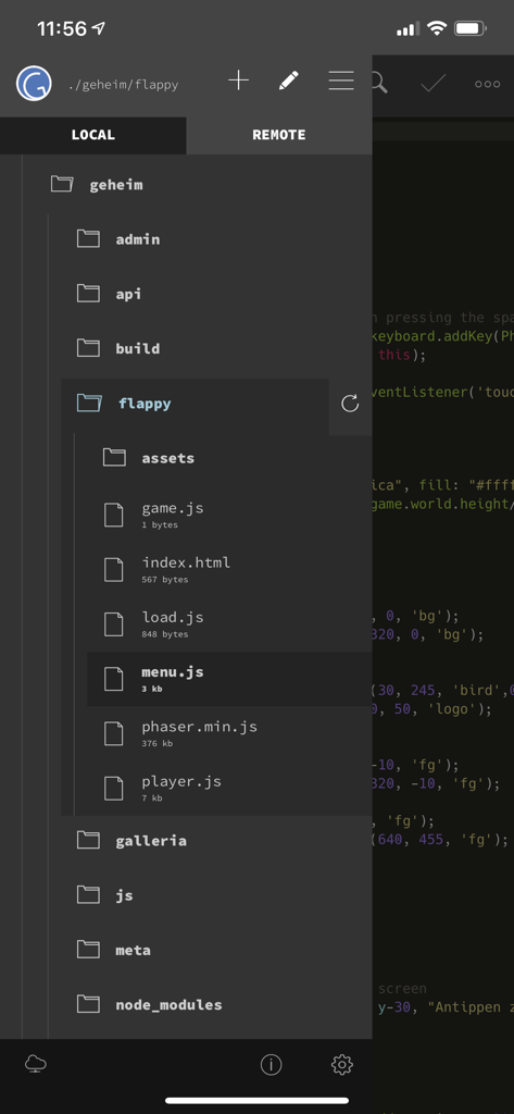 어두운 모드에서 로컬 프로젝트 파일 및 폴더를 보여주는 GoCoEdit 파일 탐색기