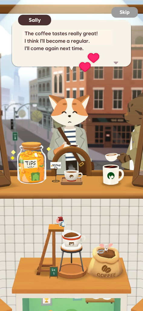 Tiny Cafe - A cat customer gives a positive review in the Tiny Cafe mobile game while a mouse barista prepares coffee below.
