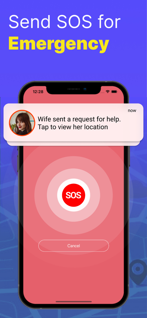 iPhone showing an emergency SOS alert and a notification of a help request from a family member