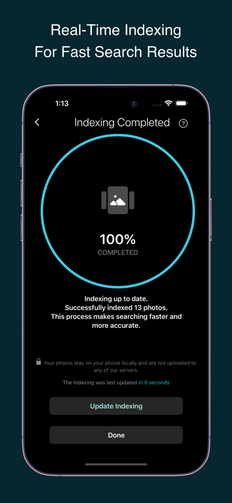 Photos Search by Fluntro - Una pantalla móvil que muestra el 100% de finalización del proceso de indexación local de fotos para una búsqueda rápida