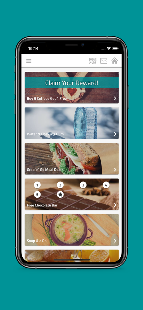 Upay - Payments & Loyalty - Upay app screen showing various food and drink loyalty rewards and digital stamp cards