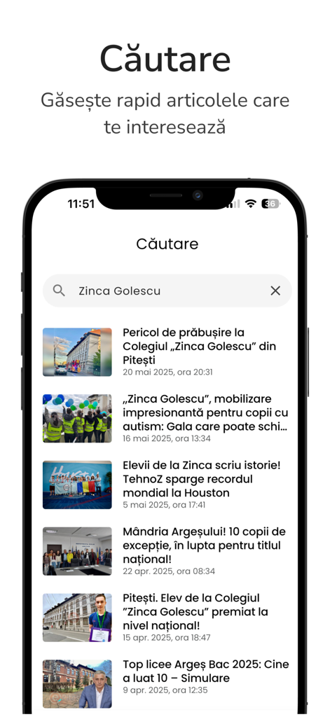 Interface de recherche de l'application d'actualités ePitesti sur un smartphone, montrant les résultats de recherche d'actualités locales.