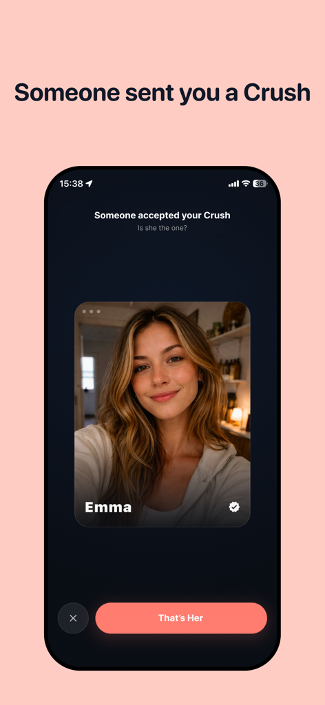 Crush Signals - A profile reveal screen in the Crush Signals app showing a user named Emma after a mutual crush confirmation.