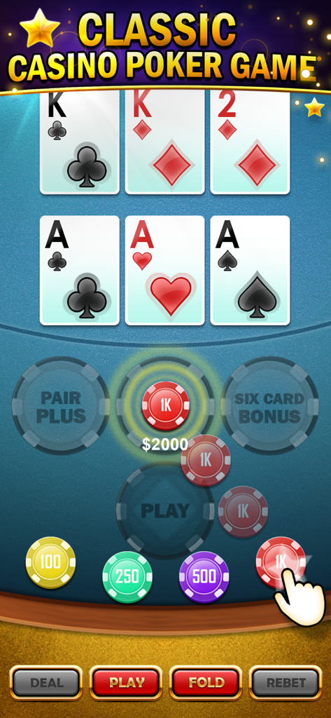 カードとベットオプションを備えたクラシックなスリーカードポーカーモバイルゲームインターフェース