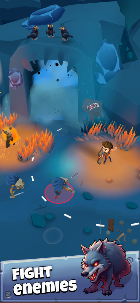 Character with a bow fighting masked enemies in a dark forest setting from the mobile game Dark Forest Survivor.