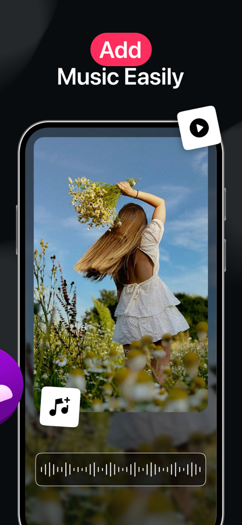 Reelsy Reel Maker IG Templates - Smartphone display of Reelsy app interface for adding music to a video of a woman in a field of flowers