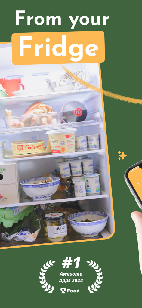 Recipe Maker & Saver - Crumb - Un réfrigérateur rempli de divers produits alimentaires et un texte superposé indiquant 'De votre frigo'.