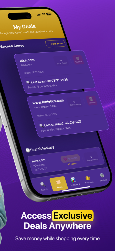 Cash Cart AI Coupon Finder - Interfaz de la aplicación Cash Cart AI que muestra tiendas seguidas y códigos de cupón encontrados para ahorrar en compras